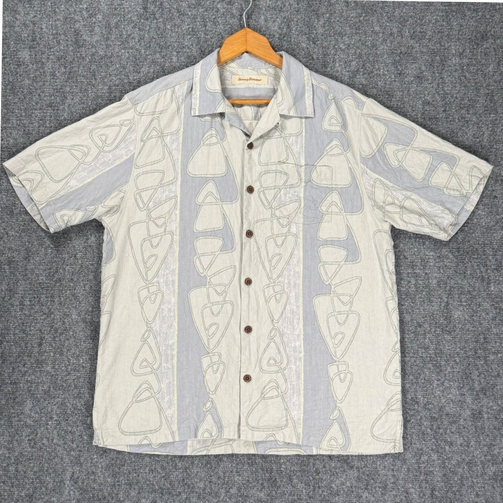 Tommy Bahama Men's Medium 100% Silk Blue Ivory Abstract Print Camp Shirt